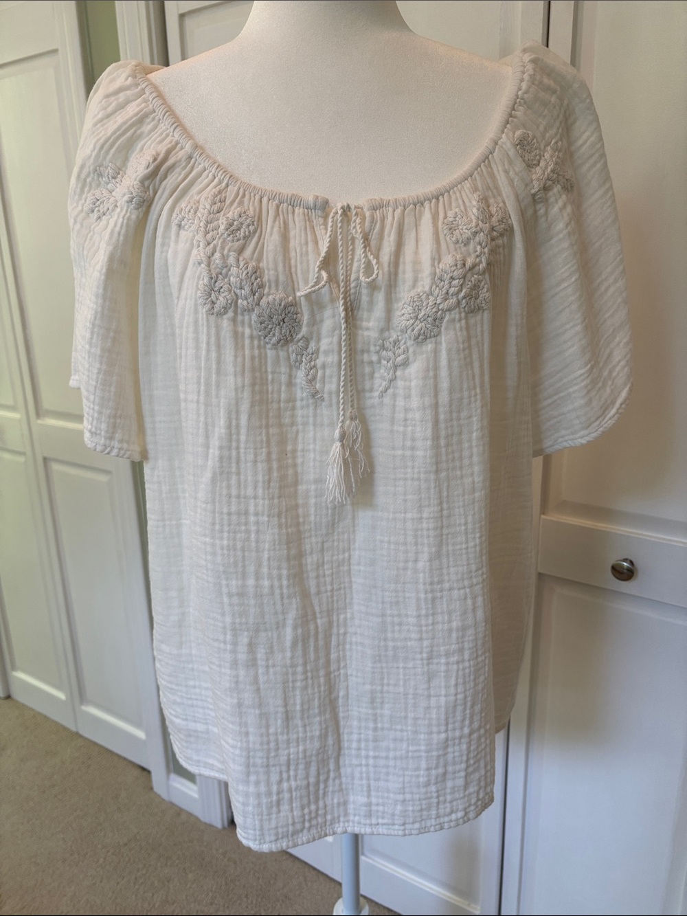 Faherty Cream Embroidered Peasant Top